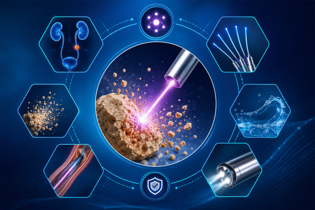 TFL Laser 3D medical illustration of Thulium Fiber Laser (TFL) technology demonstrating laser energy fragmenting a urinary stone, representing advanced laser lithotripsy in modern urology.
