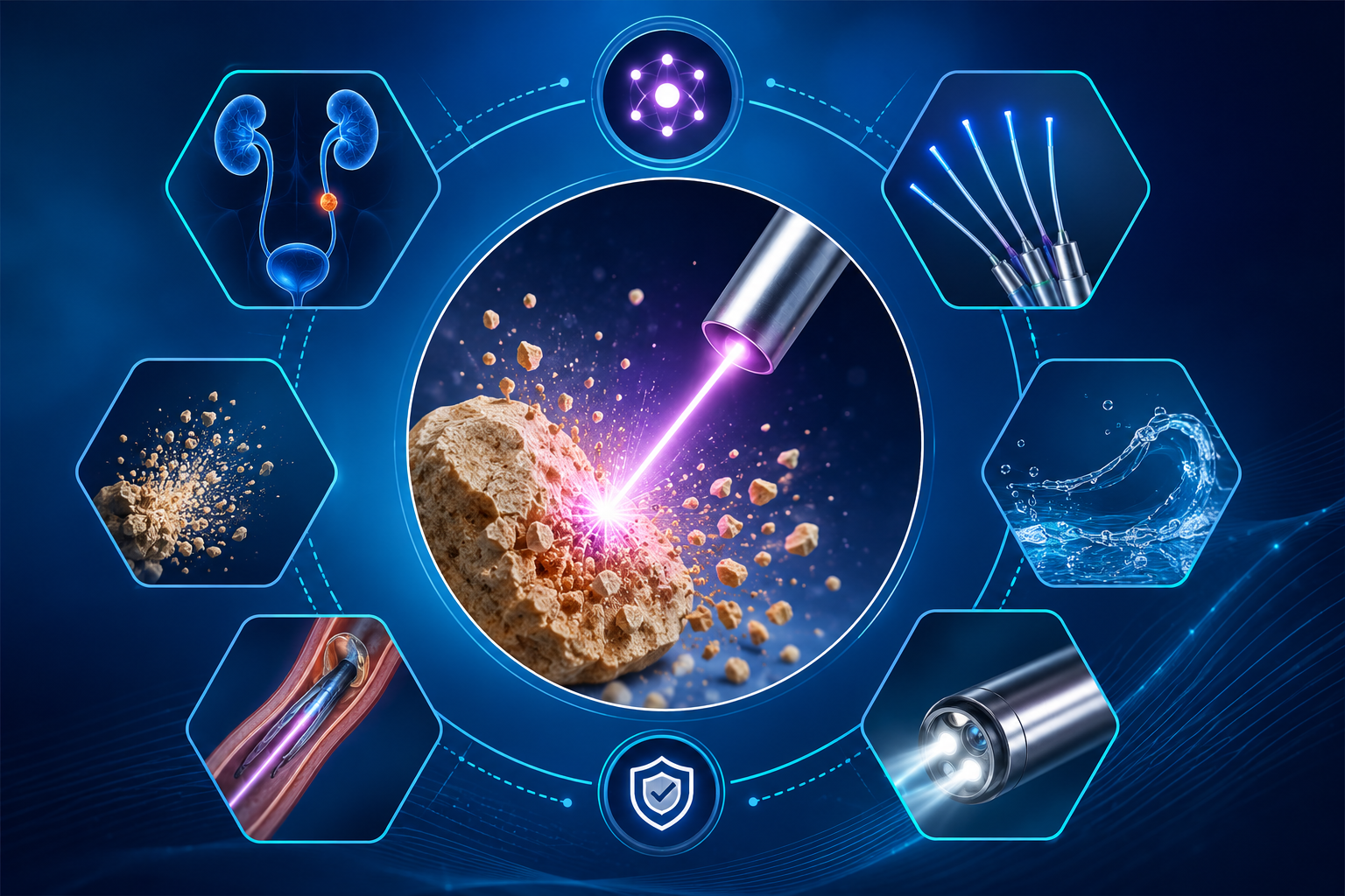 TFL Laser 3D medical illustration of Thulium Fiber Laser (TFL) technology demonstrating laser energy fragmenting a urinary stone, representing advanced laser lithotripsy in modern urology.